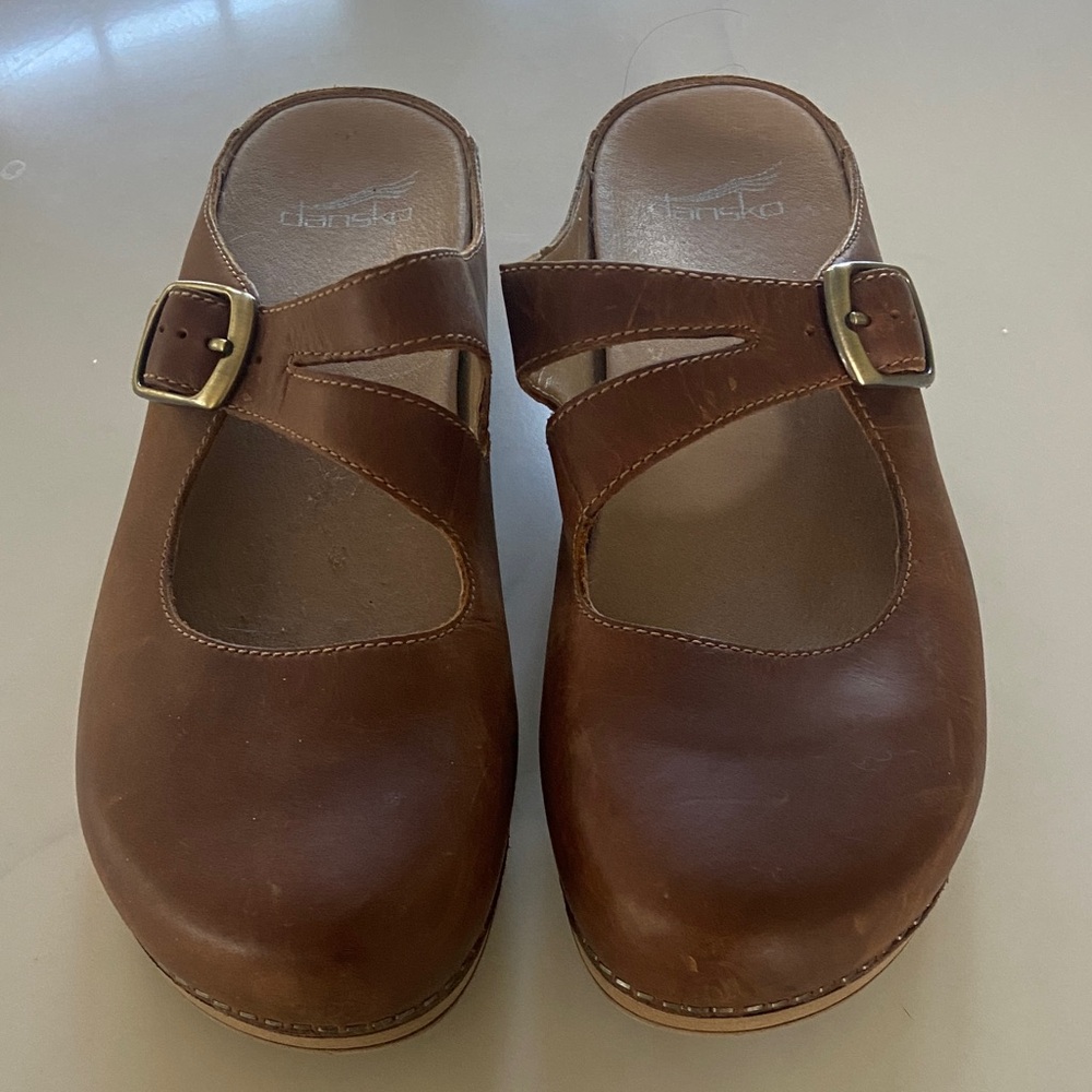Dansko Brown Leather Buckle Clogs